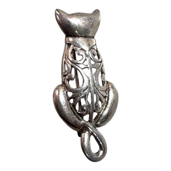 Vintage Jezlaine Sterling Silver Kitty Cat Lover Brooch Pin Intricate Filigree - Picture 1 of 6